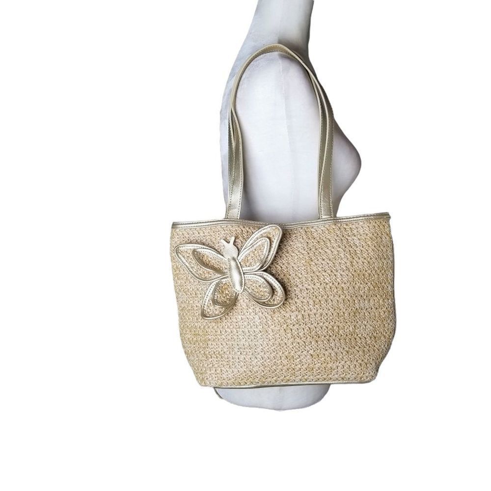 Bag Soft Woven Straw with Gold Metallic Accents & 3D Butterfly